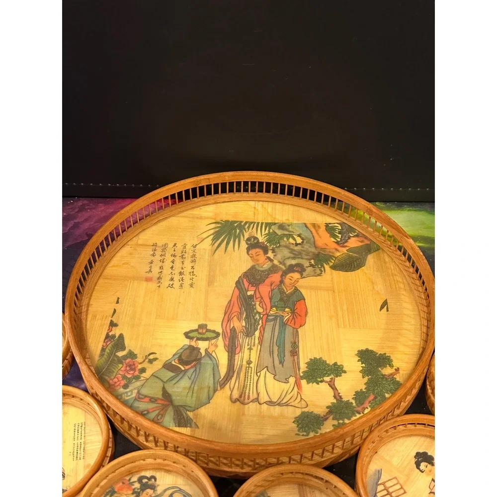 Vintage Bamboo Coaster Set with Tray Chinese Art Figures 7 Piece Set 11 Inch